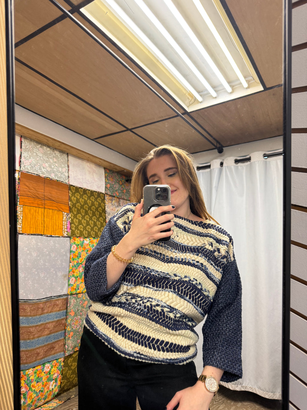 Tricot manche longue bleu, creme et paillletes Sessùn