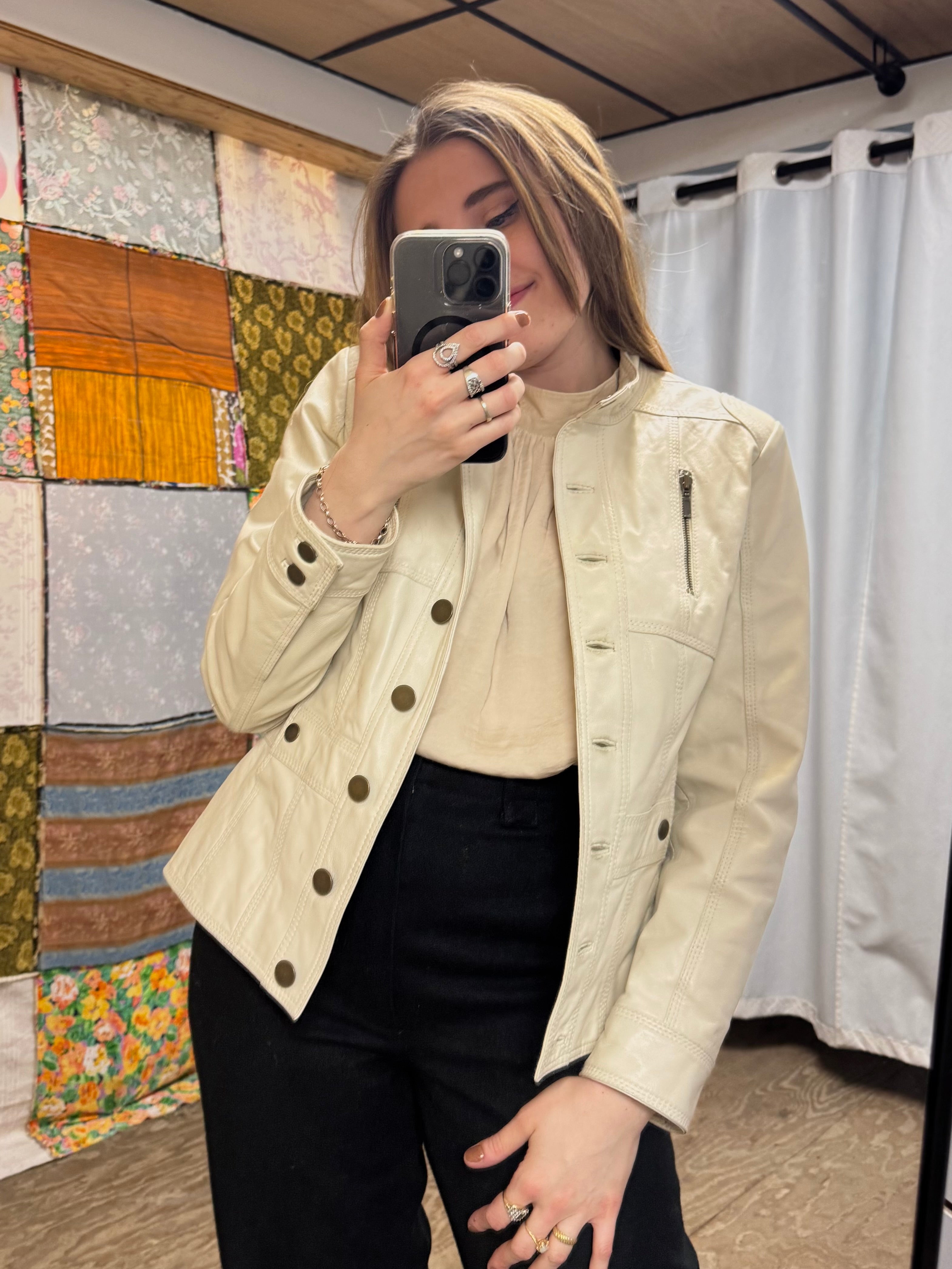 Veste en Cuir Blanc Cassé Heine